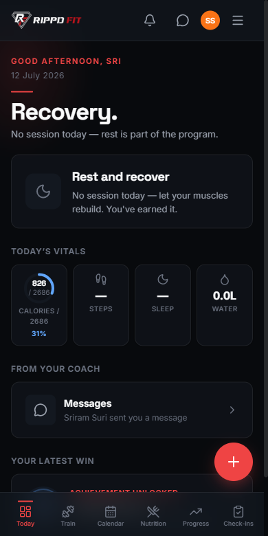 Rippd Fit app — Today: sessions, vitals, calories and coach messages